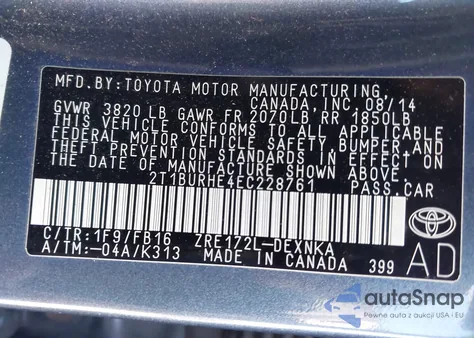 2014 Toyota Corolla Le from USA, damaged, VIN 2T1BURHE4EC228761